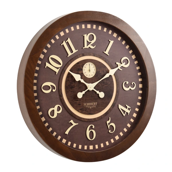 ساعت دیواری گرد با رنگ فندقی از زاویه چپ