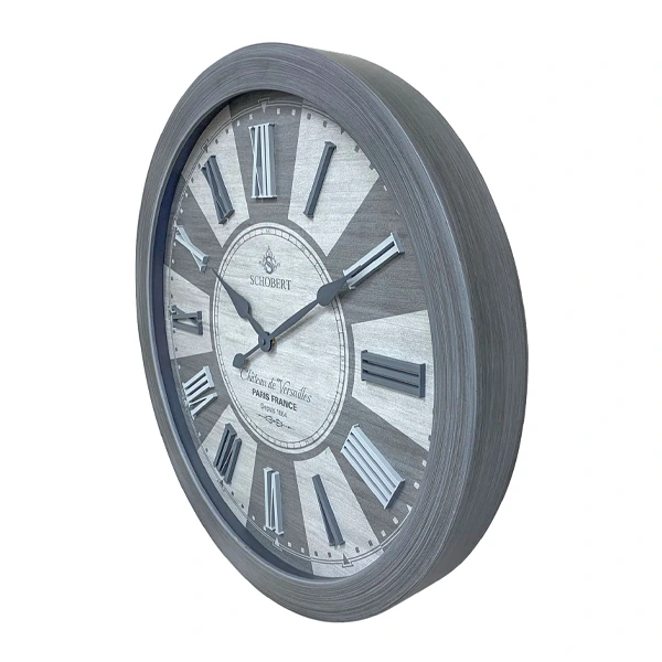 ساعت دیواری گرد با رنگ خاکستری با جنس قاب چوبی