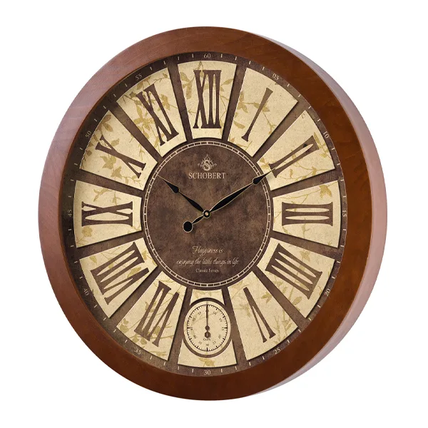 ساعت دیواری گرد با جنس چوبی و رنگ فندقی