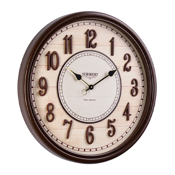 ساعت دیواری گرد با رنگ فندقی و نوع موتور آرام گرد