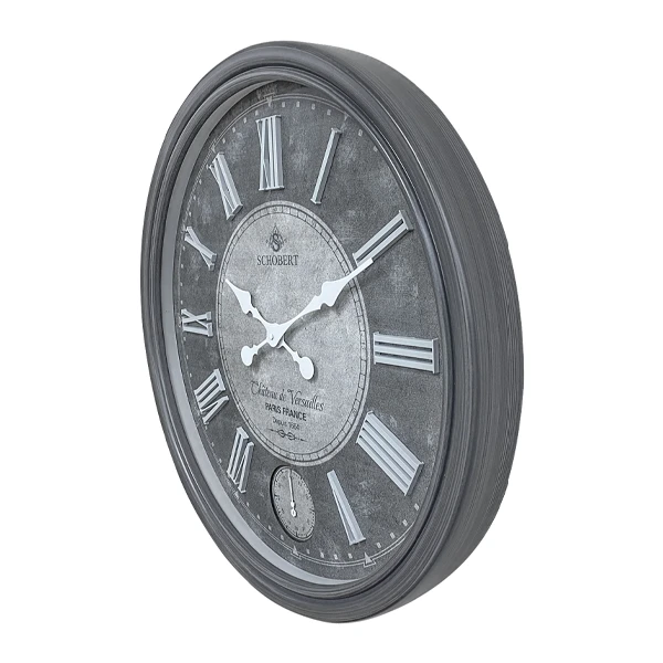 ساعت دیواری گرد رنگ خاکستری از نما بغل