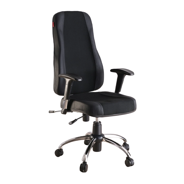 صندلی مشکی با روکش چرم و پایه چرخدار