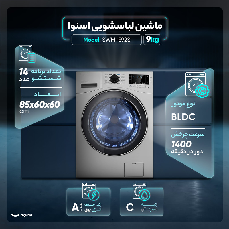 ماشین لباسشویی 9 کیلوگرم اتوماتیک اسنوا مدل SWM-E92S - Image 3