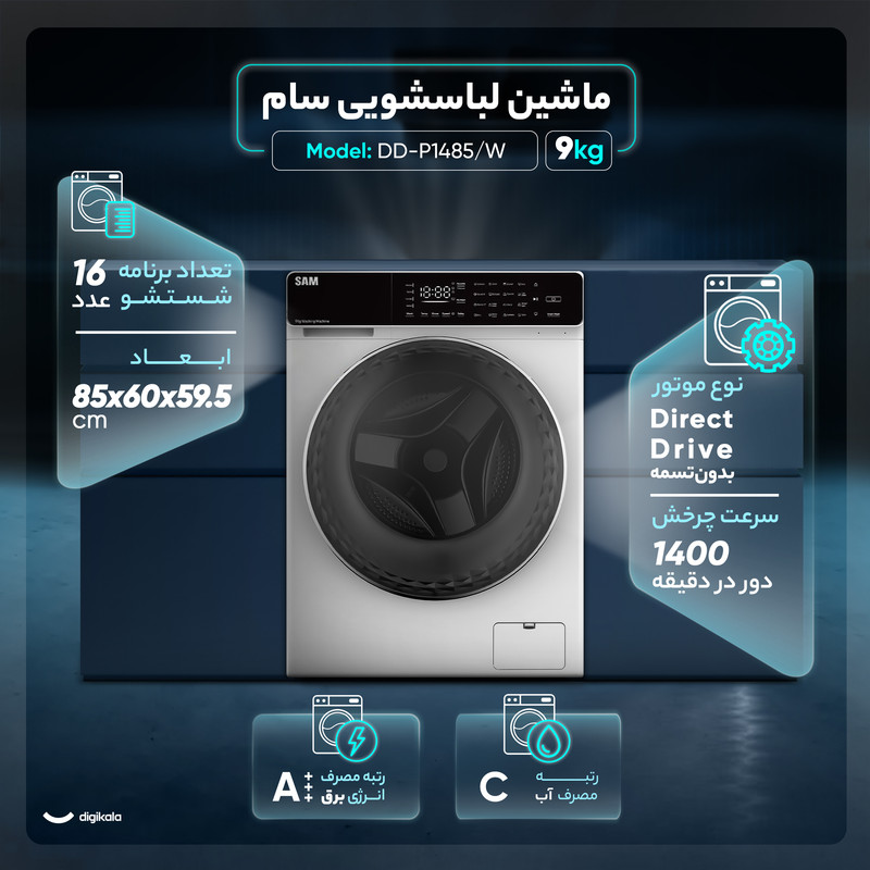 ماشین لباسشویی 9 کیلوگرم اتوماتیک سام مدل DD-P1485/W - Image 4