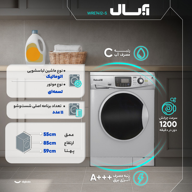ماشین لباسشویی 7 کیلوگرم اتوماتیک آبسال مدل WRE7412-S - Image 2