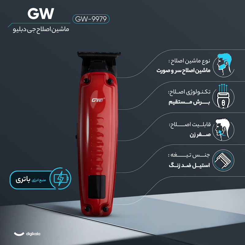 ماشین اصلاح موی سر و صورت جی دبلیو مدل GW-9979، اصلاح به صورت صفر زن، خط زن، منبع انرژی باتری، تکنولوژی اصلاح به صورت تریمر، مدت زمان شارژ 120 دقیقه و مدت زمان استفاده پس از شارژ 120 دقیقه، به همراه کابل شارژ، برس تمیزکننده، روغن، 4 عدد شانه، عملکرد توربو - Image 17