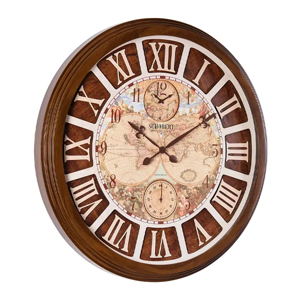 ساعت دیواری گرد با جنس چوبی و رنگ فندقی از نما چپ