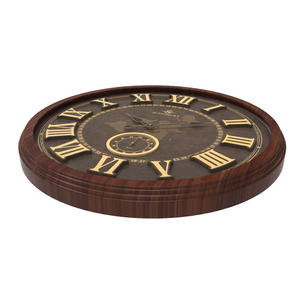 ساعت دیواری با رنگ قهوه ای و جنس تمام چوب از نما بالا