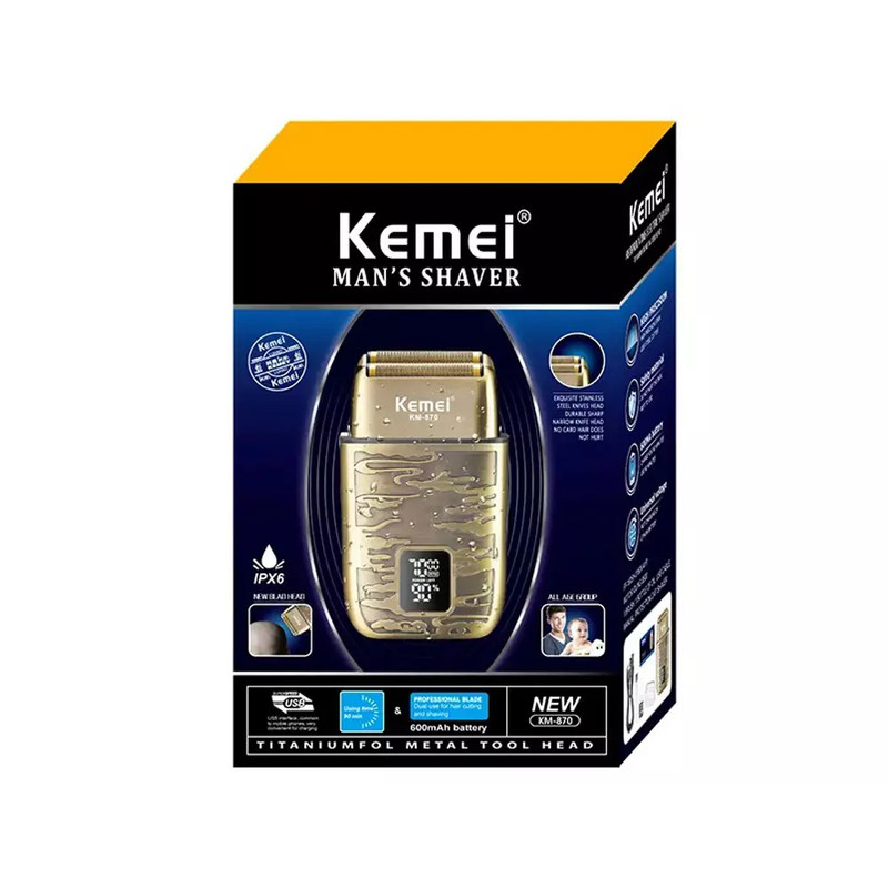 ماشین اصلاح موی صورت و بدن کیمی مدل KM-870، اصلاح به صورت صفر زن، ضد آب، نمایشگر LED، منبع انرژی با باتری قابل شارژ، تکنولوژی اصلاح به صورت شیو فویلی، مدت زمان شارژ 90 دقیقه و مدت زمان استفاده پس از شارژ 90 دقیقه، بههمراه کابل شارژ USB، برس، روغن - Image 7