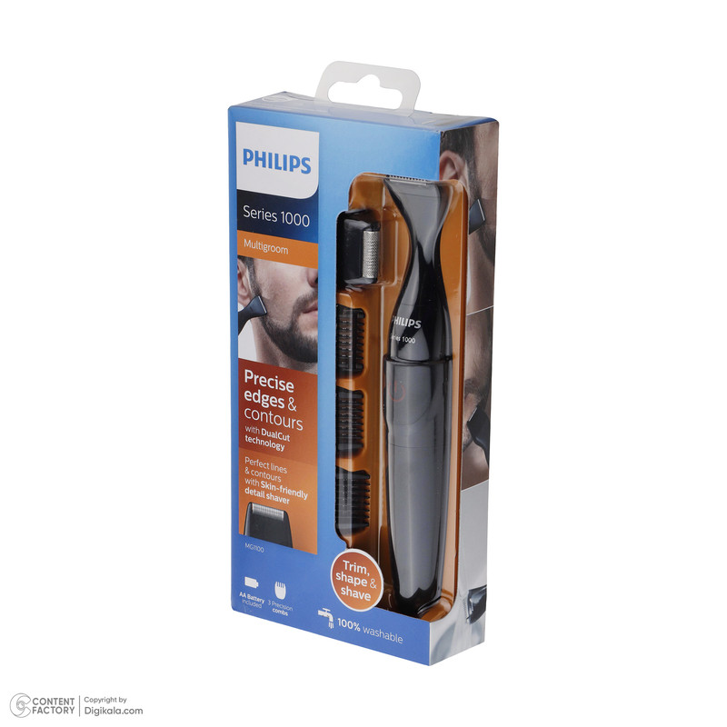 ماشین اصلاح موی صورت و بدن فیلیپس مدل MG1100، اصلاح به صورت تریمر، منبع انرژی باتری AA، تکنولوژی اصلاح به صورت برش مستقیم، به همراه برس تمیز کننده، سه عدد شانه و دو عدد سری، ضد آب و قابل شستشو، جنس تیغه از استیل ضد زنگ - Image 9
