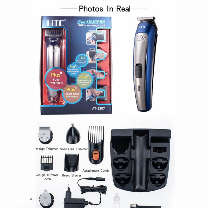 ست ماشین اصلاح موی صورت و بدن شارژی اچ تی سی مدل AT 1207، اصلاح به صورت خط زن و حجم زن، طراحی ارگونومیک، منبع انرژی با برق، تکنولوژی اصلاح به صورت برش چرخشی، مدت زمان شارژ 240 دقیقه و مدت زمان استفاده پس از شارژ 60 دقیقه، سری قابل شستوشو - Image 3