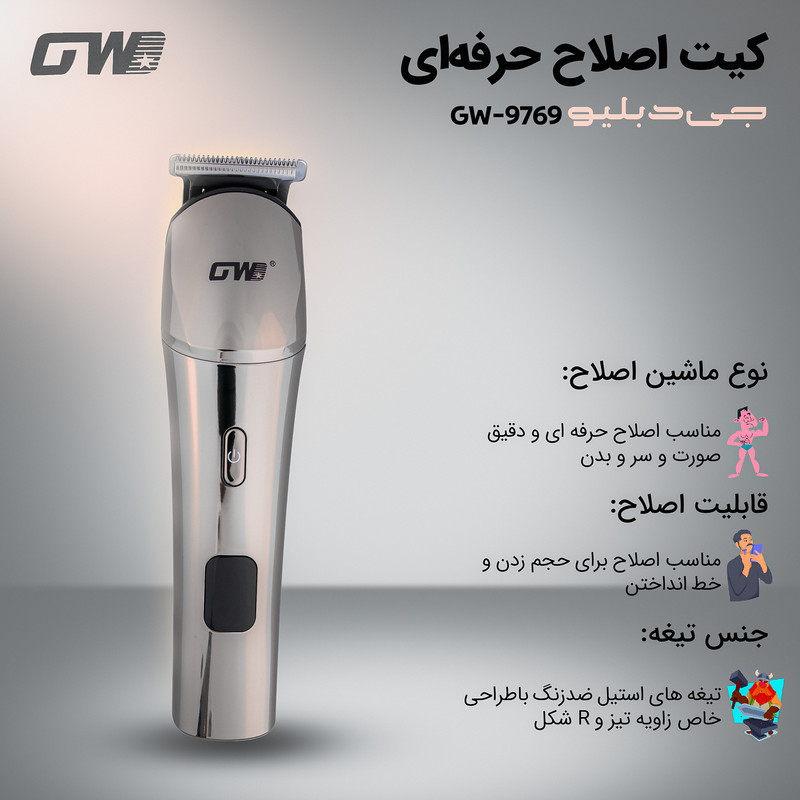 ماشین اصلاح موی صورت و بدن شارژی جی دبلیو مدل GW-9769 - Image 5
