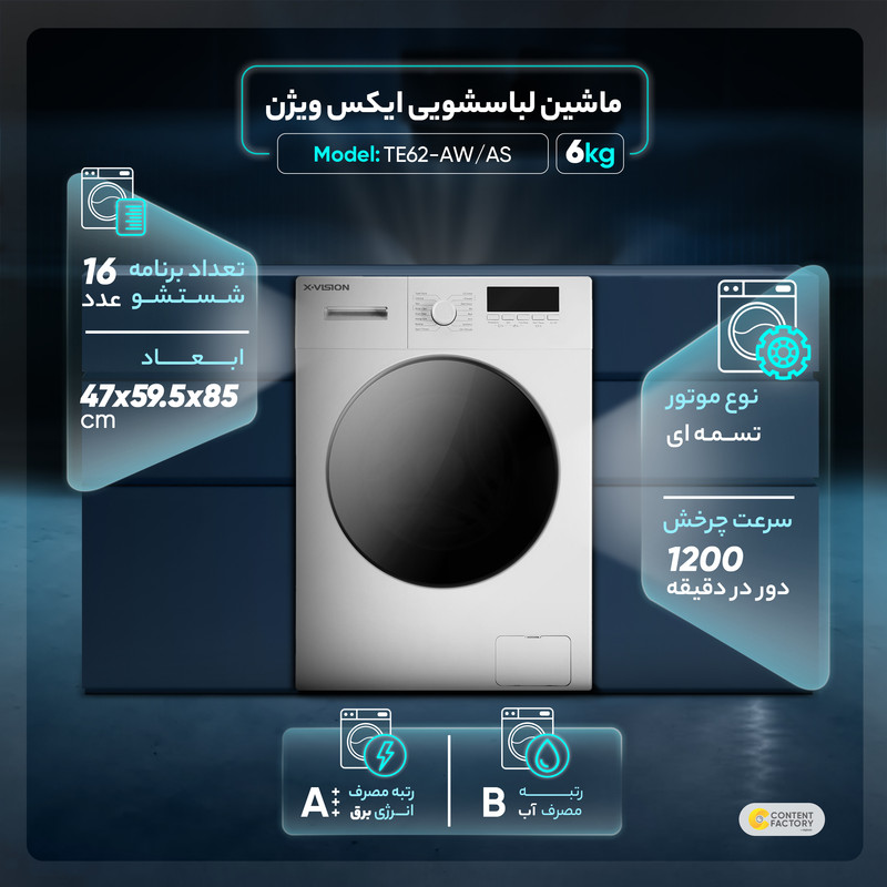 ماشین لباسشویی 6 کیلوگرم اتوماتیک ایکس ویژن مدل TE62-AW/AS - Image 18