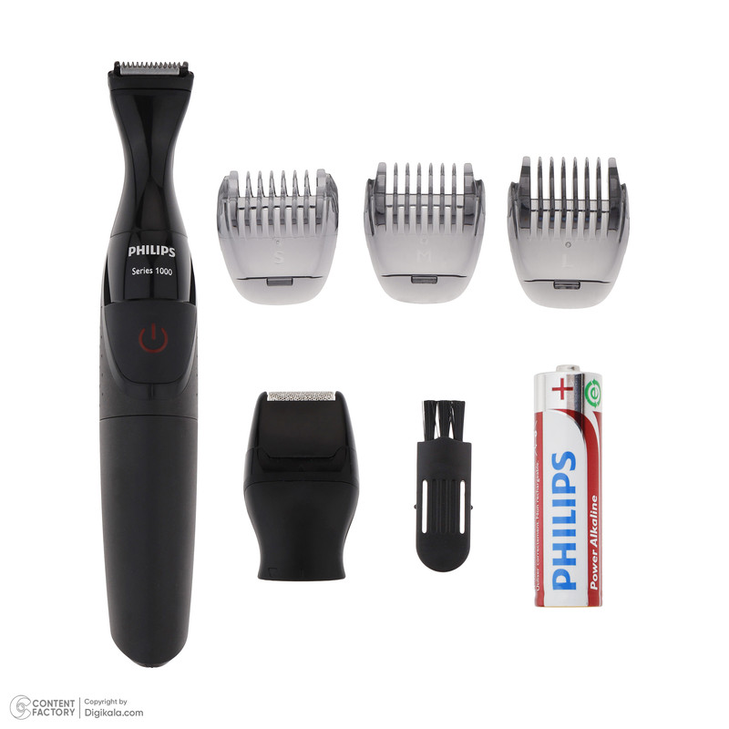 ماشین اصلاح موی صورت و بدن فیلیپس مدل MG1100، اصلاح به صورت تریمر، منبع انرژی باتری AA، تکنولوژی اصلاح به صورت برش مستقیم، به همراه برس تمیز کننده، سه عدد شانه و دو عدد سری، ضد آب و قابل شستشو، جنس تیغه از استیل ضد زنگ - Image 3