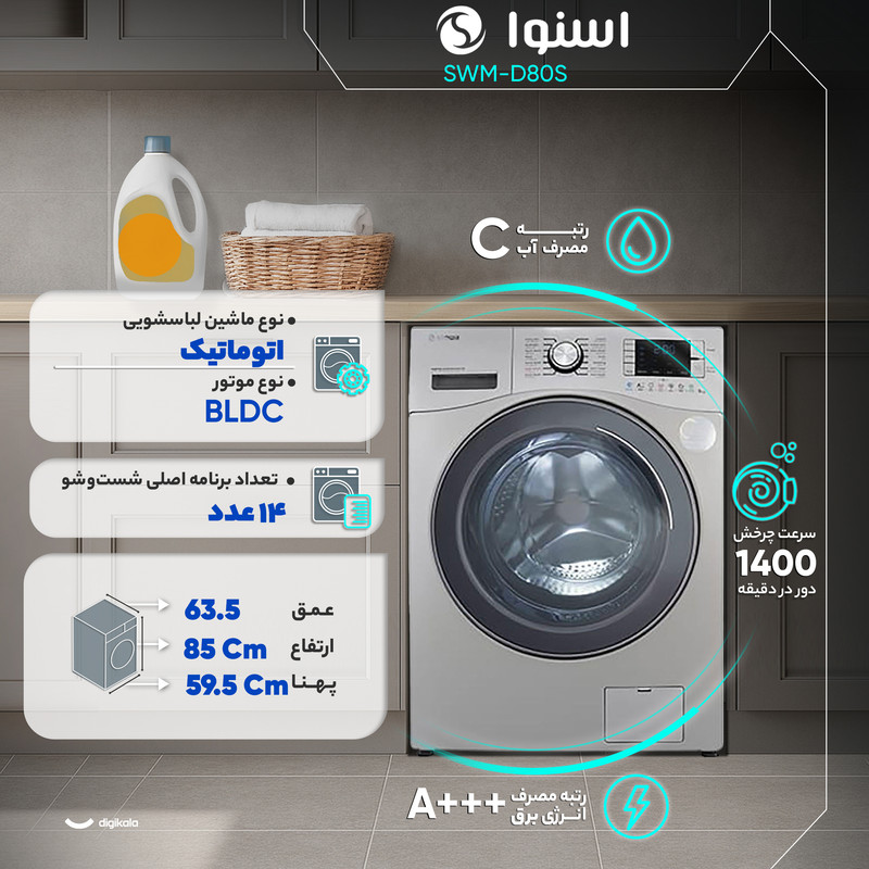 ماشین لباسشویی 8 کیلوگرم اتوماتیک اسنوا مدل SWM-D80S - Image 12