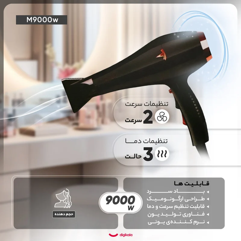 سشوار حرفهای مدل M9000w، موتور AC با توان مصرفی 9000 وات، دارای قابلیت تعویض سری، باد سرد و فناوری تولید یون، طراحی ارگونومیک، با حالت حجمدهنده، وزن 550 گرم، تنظیم حرارت 3 حالته و کنترل سرعت 2 حالته، به همراه 1 عدد سری متمرکزکننده پهن - Image 3