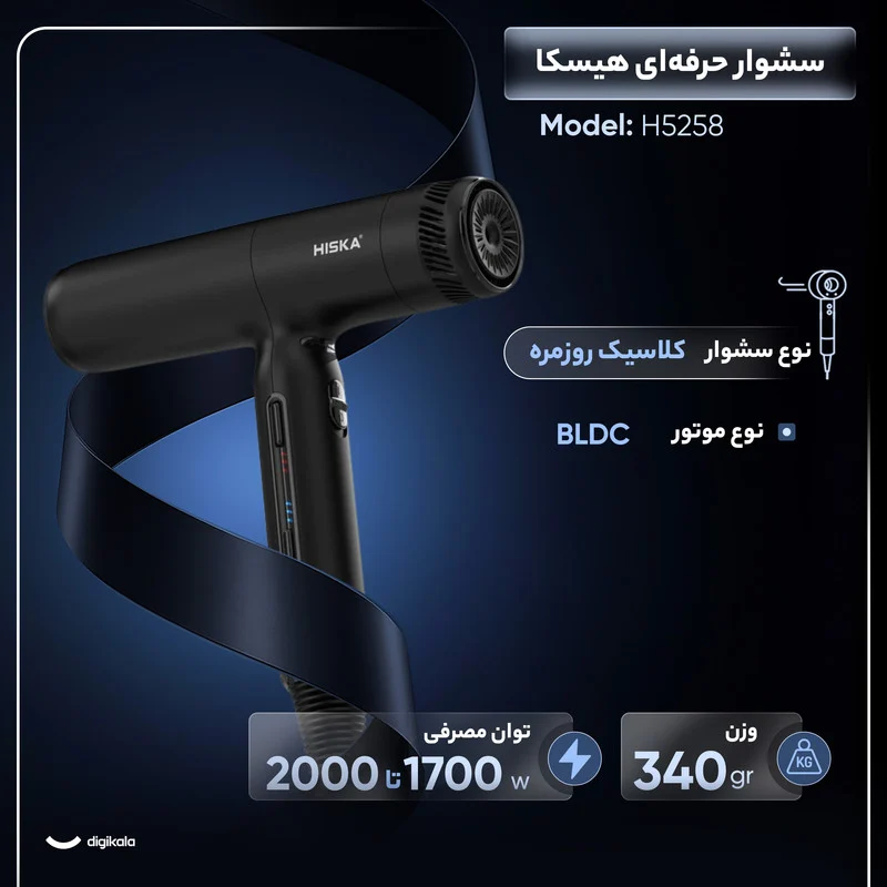سشوار حرفه ای 2000 وات هیسکا مدل H5258 - Image 2