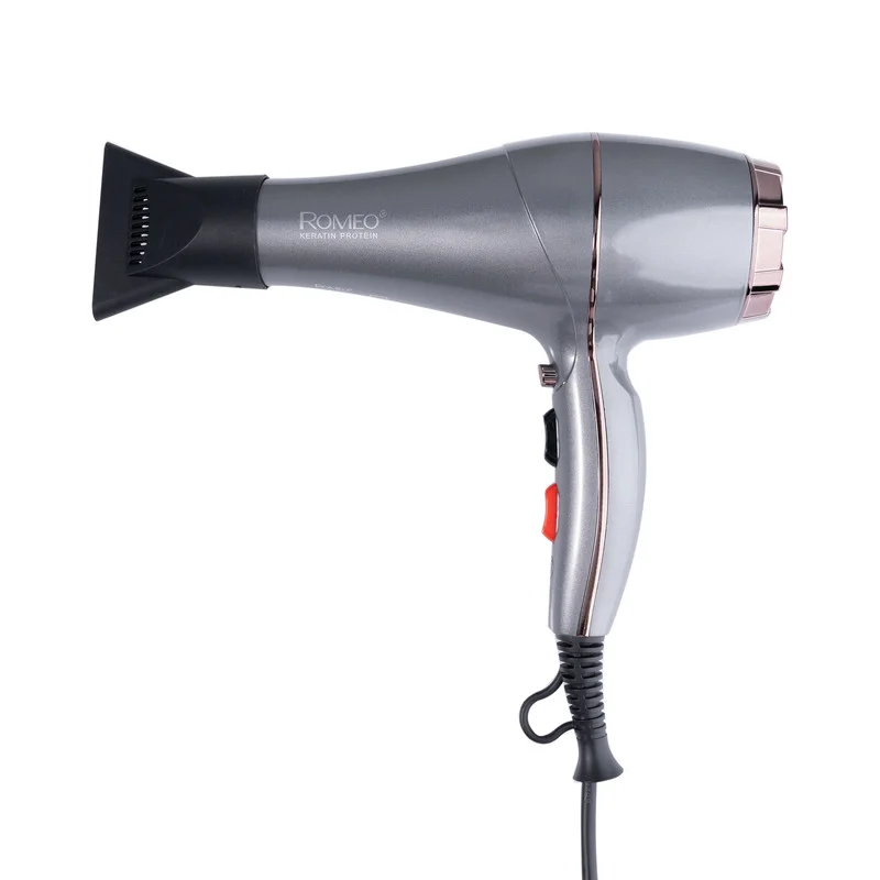 سشوار حرفهای رومئو مدل RM-5858، موتور AC با توان مصرفی 2200 وات، دارای قابلیت باد سرد، طراحی ارگونومیک، دارای حلقه آویختن، با حالت صافکننده و حجمدهنده، وزن 450 گرم، تنظیم حرارت 3 حالته و کنترل سرعت 2 حالته، به همراه متمرکزکننده باریک - Image 2