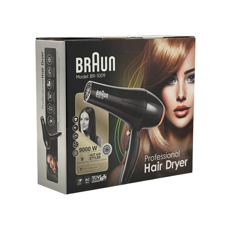 سشوار حرفهای براون مدل BR-1009، موتور AC با توان مصرفی 9000 وات، دارای قابلیت تعویض سری، باد سرد، عملکرد توربو، دارای حلقه آویختن، با حالت صافکننده و حجمدهنده، وزن 650 گرم، تنظیم حرارت 3 حالته و کنترل سرعت 2 حالته، به همراه سری متمرکزکننده - Image 11