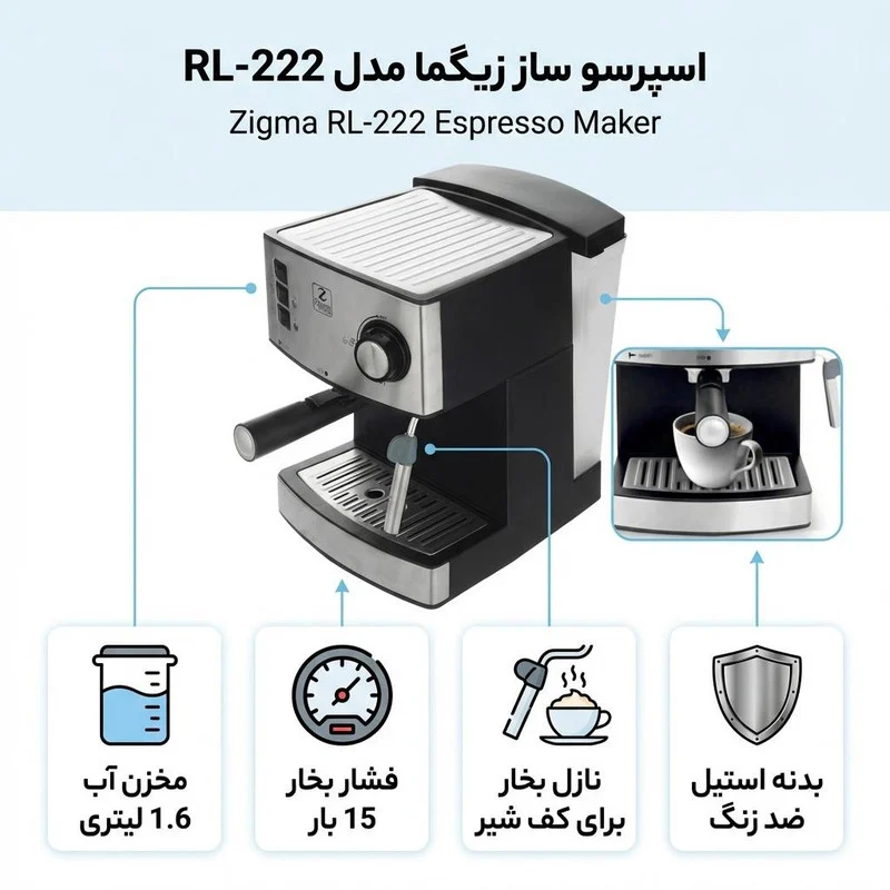 اسپرسو ساز 1.6 لیتری زیگما مدل RL-222 - Image 2