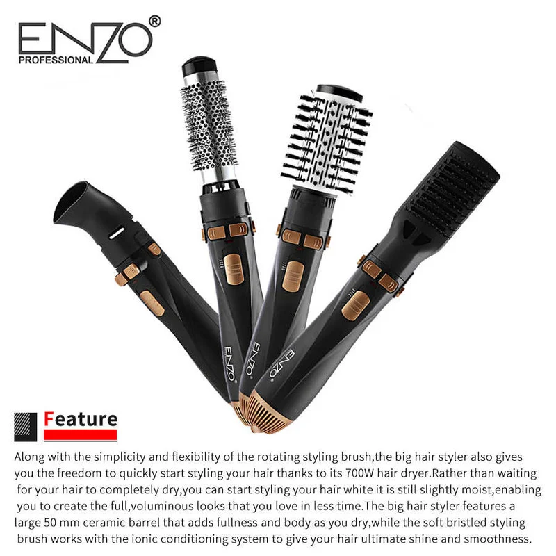 سشوار برسدار چرخشی حرفهای انزو مدل EN-746، موتور AC با توان مصرفی 6600 وات، دارای قابلیت باد سرد، با حالت صافکننده و حجمدهنده، وزن 400 گرم، تنظیم حرارت 2 حالته و کنترل سرعت 2 حالته، به همراه سری برسدار گرد باریک، پهن و تخت - Image 8