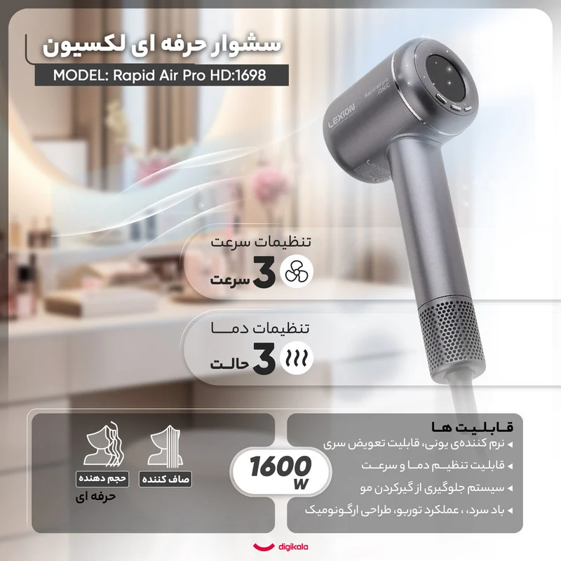 سشوار حرفه ای لکسیون مدل Rapid Air Pro HD:1698 - Image 9