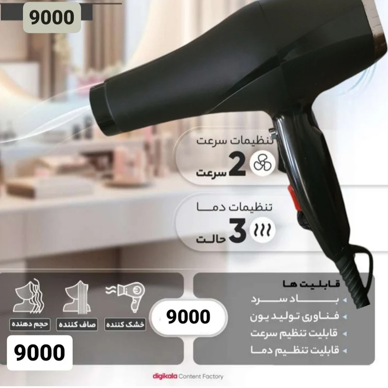 سشوار حرفهای مدل p9000w، موتور AC، توان مصرفی 9000 وات، دارای قابلیت باد سرد، فناوری تولید یون، تعویض سری، طراحی ارگونومیک، با حالت حجمدهنده و صافکننده، وزن 600 گرم، تنظیم حرارت 3 حالته و کنترل سرعت 2 حالته، به همراه سری متمرکزکننده پهن و باریک - Image 5