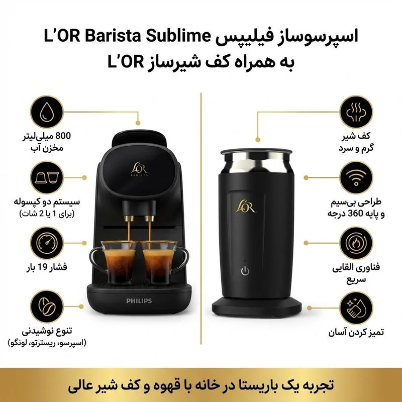 اسپرسو ساز ۸۰۰ میلیلیتر فیلیپس مدل Barista Sublime به همراه کف شیرساز لور - Image 2