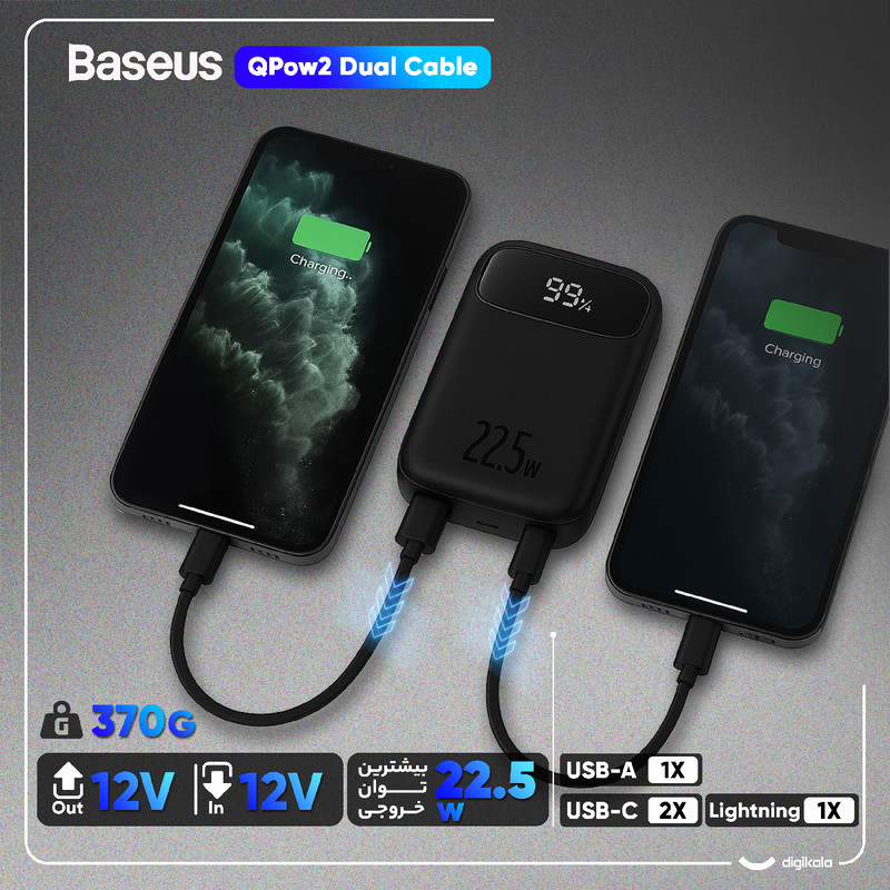 پاوربانک 22.5 وات بیسوس مدل 22.5W QPow2 Dual Cable ظرفیت 10000 میلی آمپر ساعت - تصویر 2