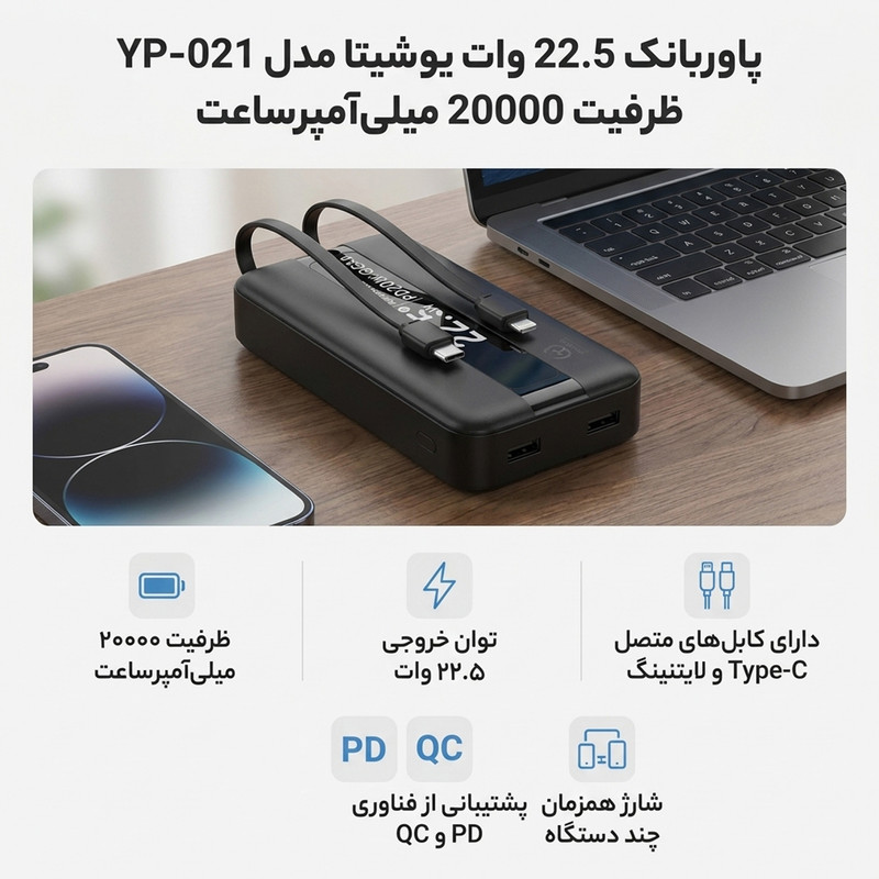 پاوربانک 22.5 وات یوشیتا مدل YP-021 ظرفیت 20000 میلیآمپرساعت به همراه سه عدد کابل USB-C/ لایتنینگ / USB-C - Image 2